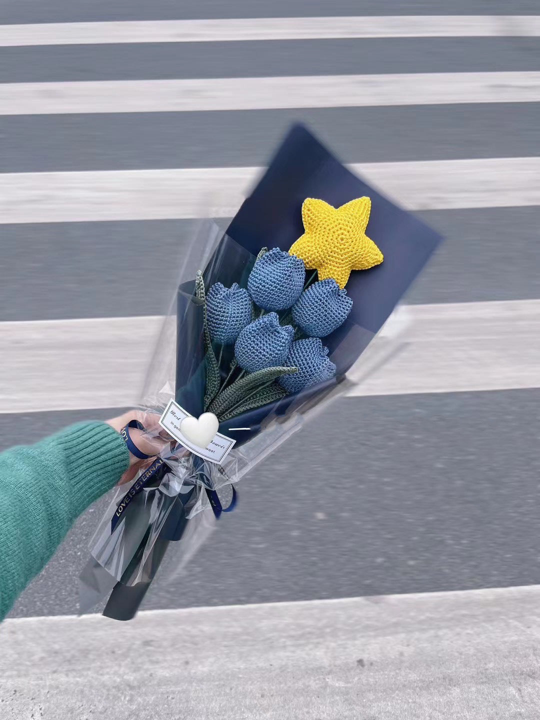 Crochet Tulip Flower Bouquet Mixed with Crochet Lucky Star in Light Blue Color