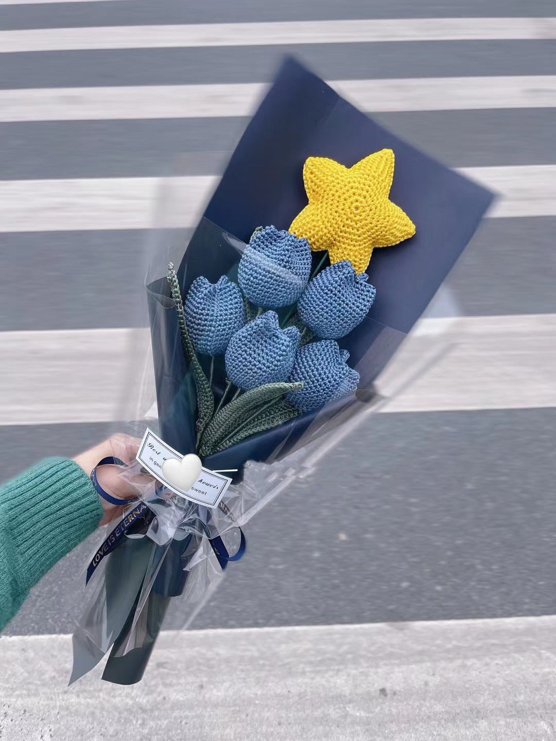 Crochet Tulip Flower Bouquet Mixed with Crochet Lucky Star in Light Blue Color