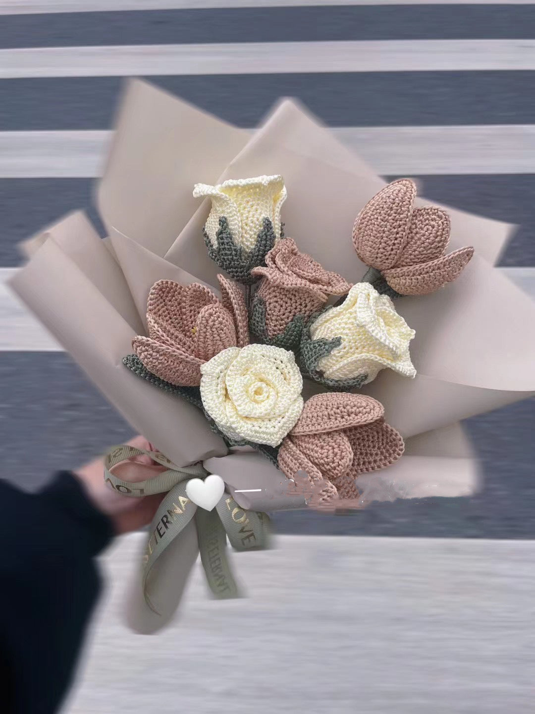 Crochet Rose Flower Bouquet Mixed with Tulip, Yellow&Champagne Color