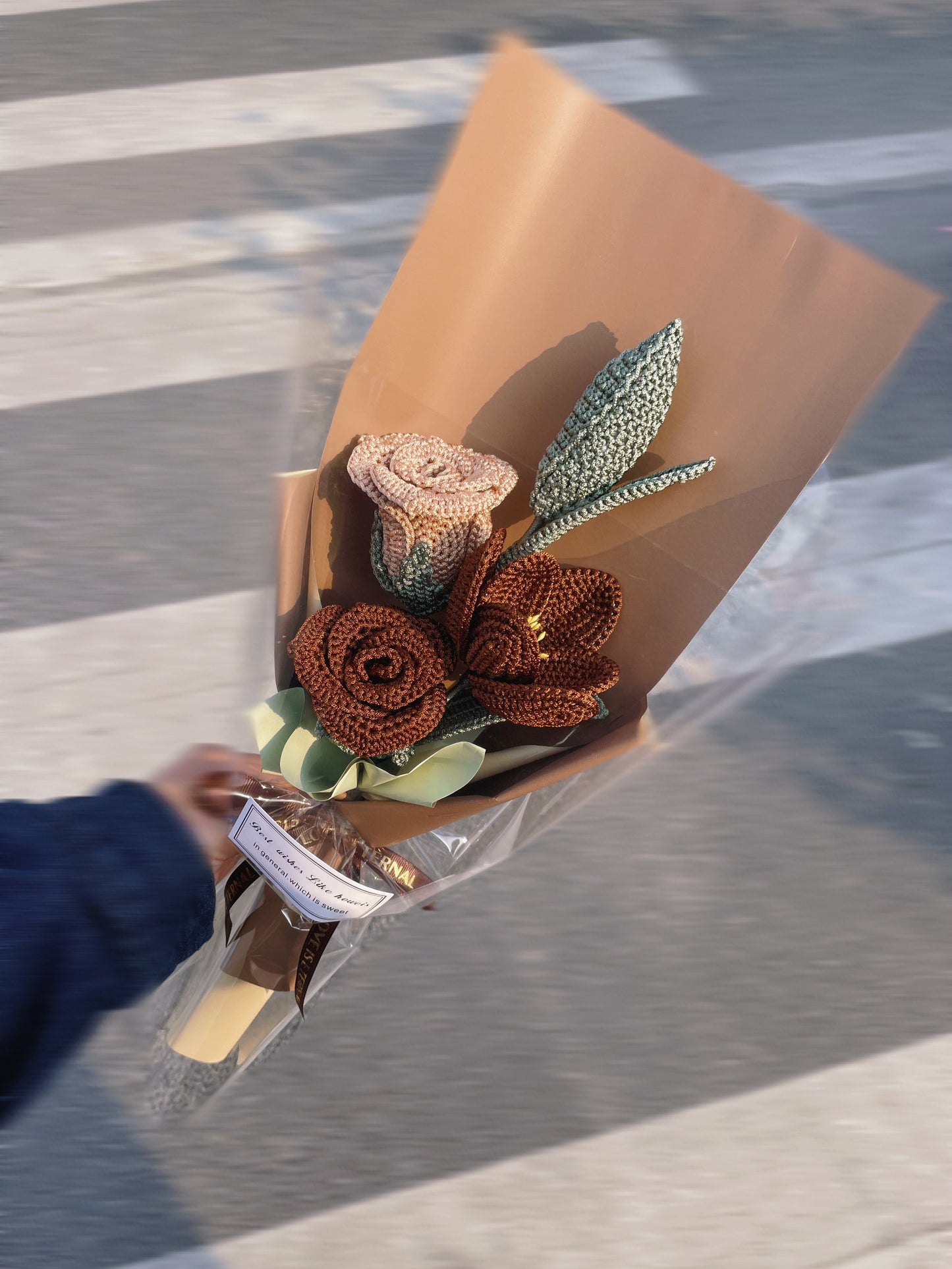 Crochet Rose Bouquet Mixed with Tulip/Green Leaves, Brown&Champagne