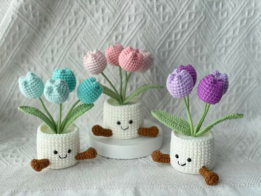 Handmade Crochet Tulip Flower Pot -4 Tulips In