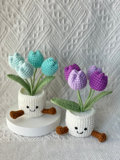 Handmade Crochet Tulip Flower Pot -4 Tulips In