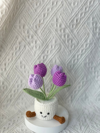 Handmade Crochet Tulip Flower Pot -4 Tulips In