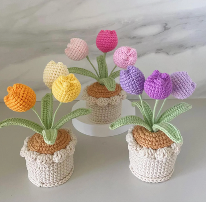 Gehäkelte Tulpenblumen im Topf (3 Blumen) | Lila, Rosa, Gelb, Blau, Rot