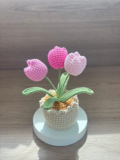 Gehäkelte Tulpenblumen im Topf (3 Blumen) | Lila, Rosa, Gelb, Blau, Rot