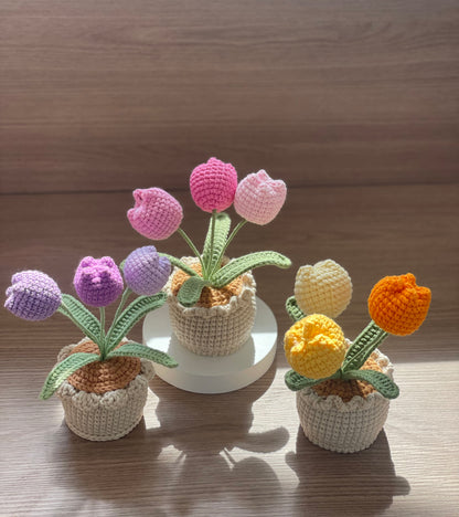 Gehäkelte Tulpenblumen im Topf (3 Blumen) | Lila, Rosa, Gelb, Blau, Rot