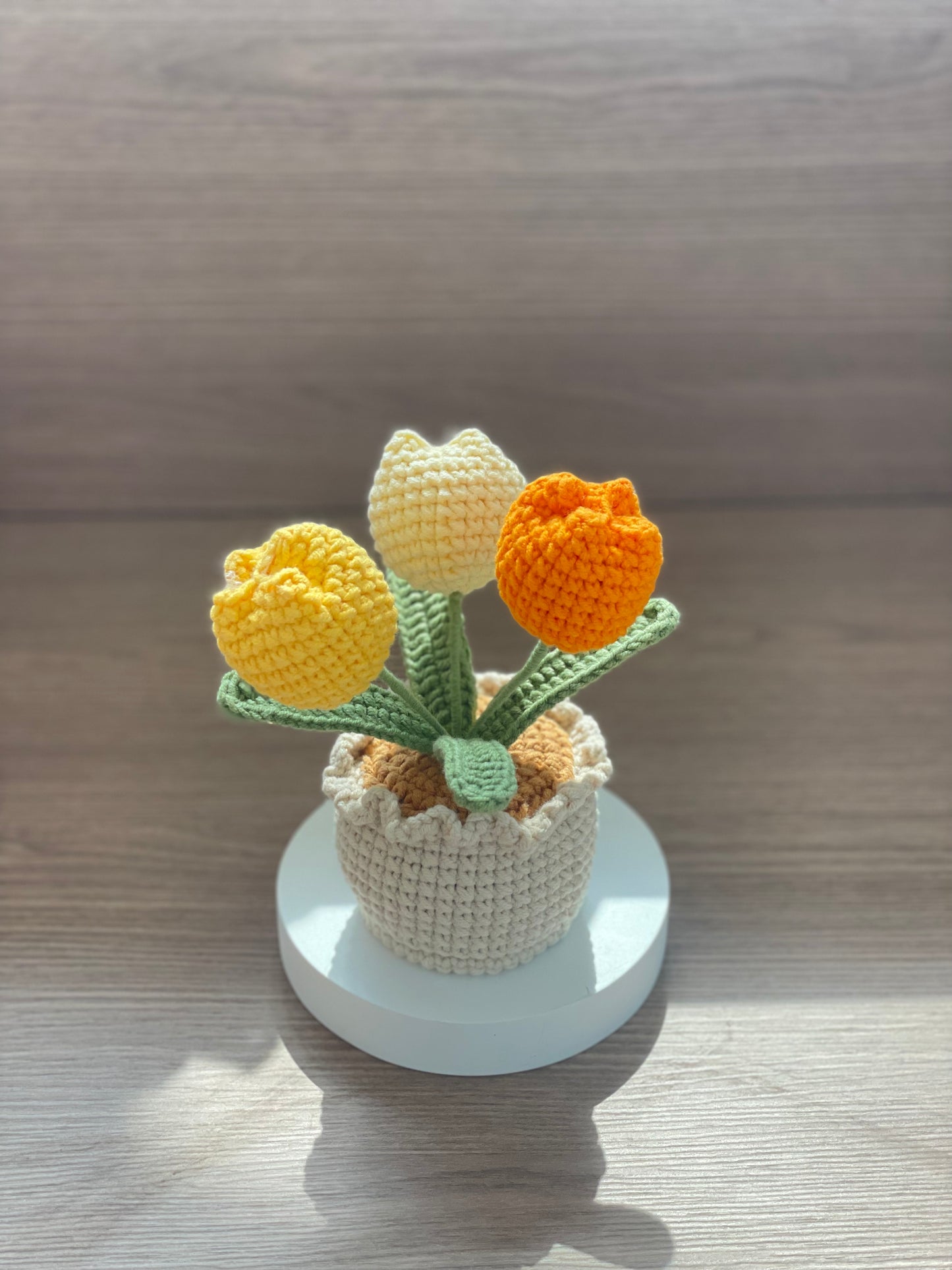 Gehäkelte Tulpenblumen im Topf (3 Blumen) | Lila, Rosa, Gelb, Blau, Rot