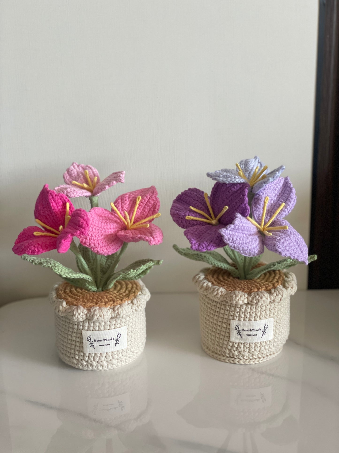 Crochet Flower Pot, Pink Tulip Orange Purple