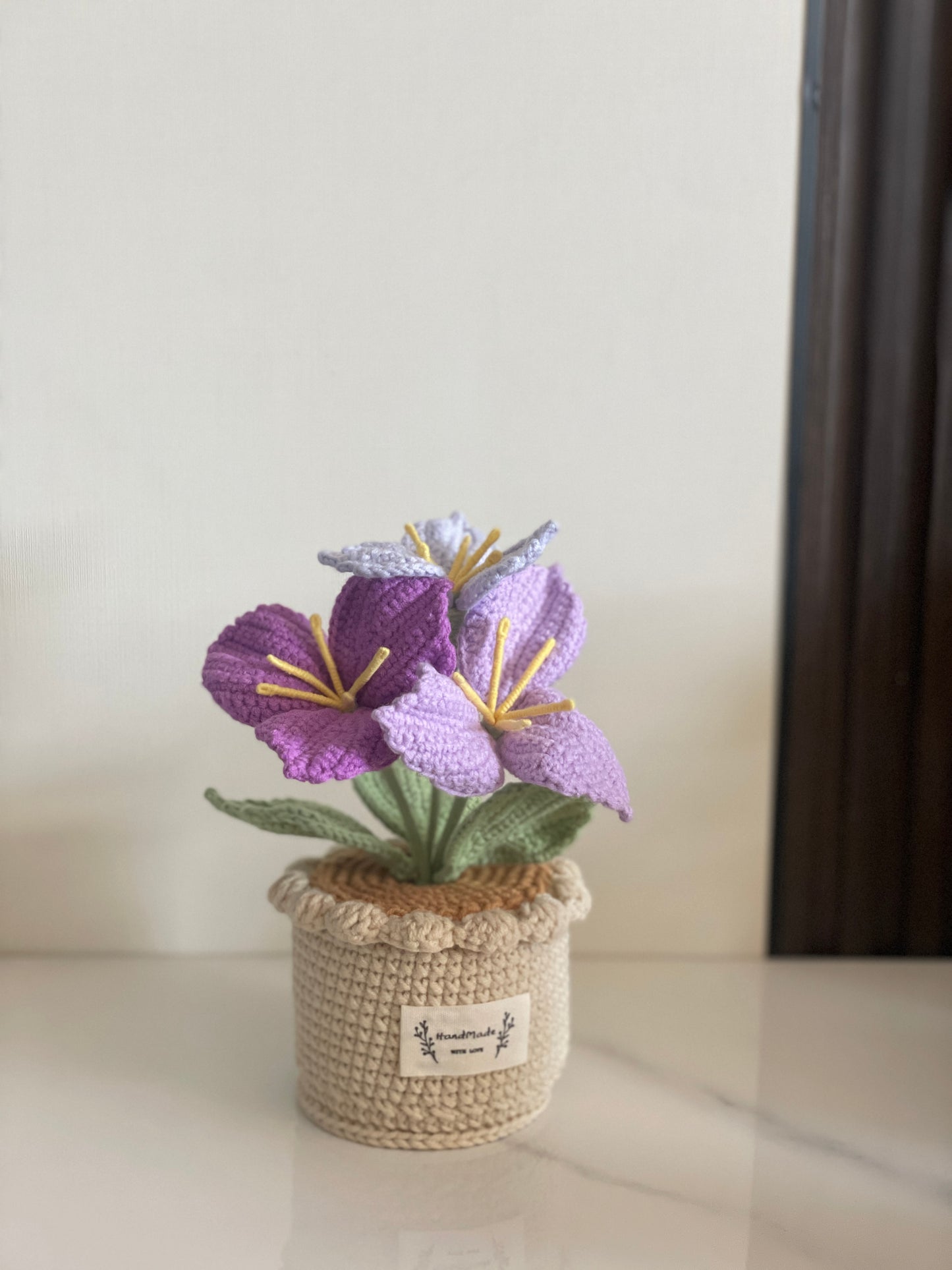 Crochet Flower Pot, Pink Tulip Orange Purple
