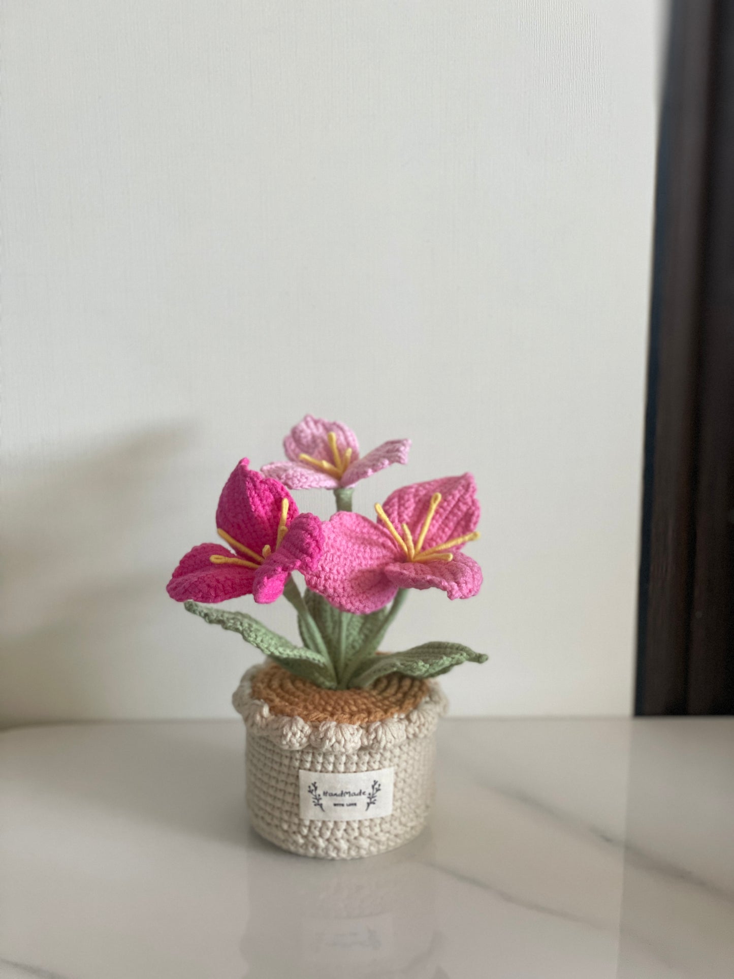 Crochet Flower Pot, Pink Tulip Orange Purple