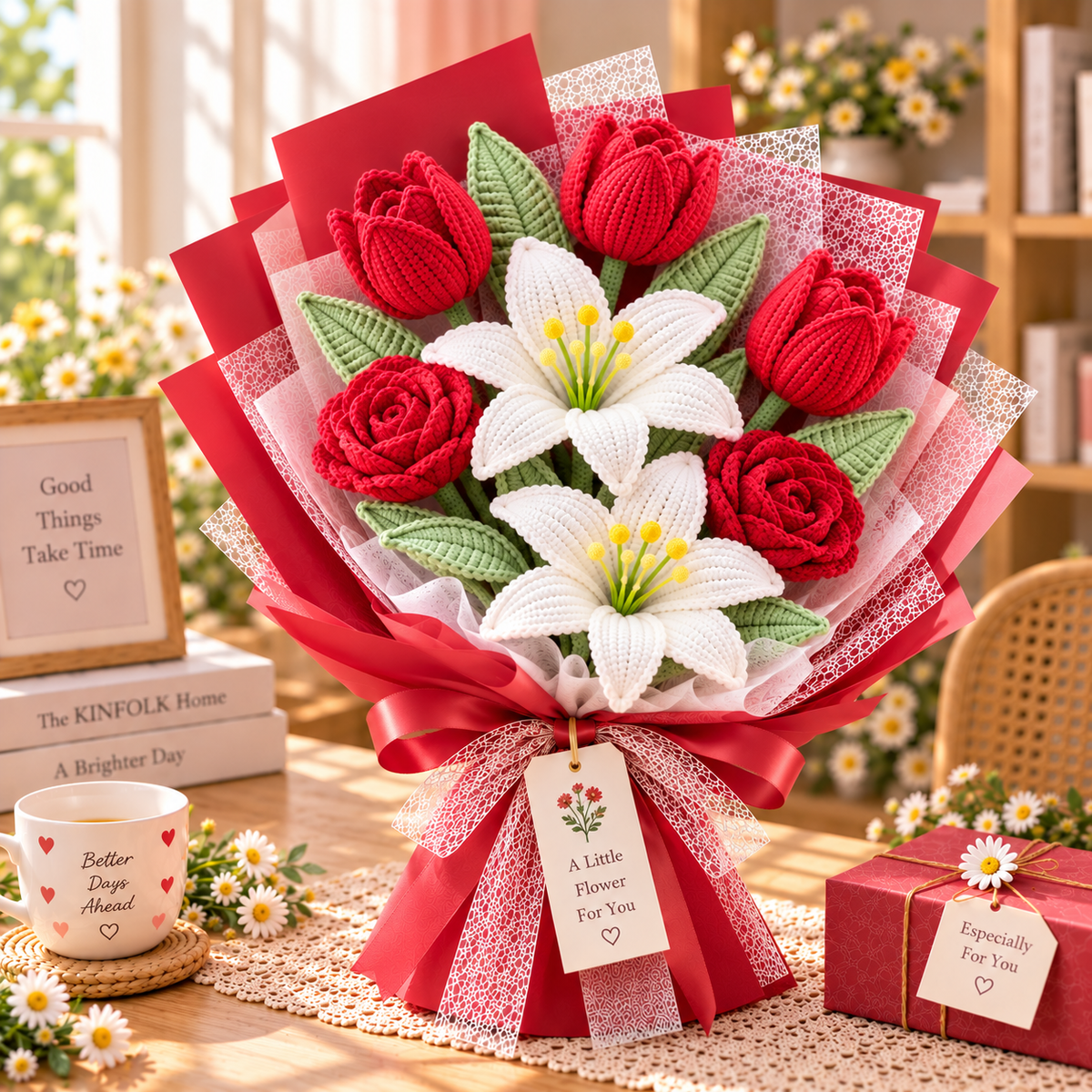 Handmade Crochet Lily, Tulip & Rose Bouquet – Everlasting Flower Gift