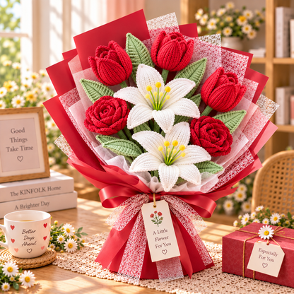Handmade Crochet Lily, Tulip & Rose Bouquet – Everlasting Flower Gift