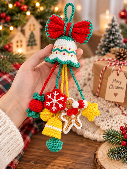 Crochet Christmas Bag Charm, Handmade Christmas Bell Ornament, Christmas Tree Hanging Decor, Car Mirror Charm, Cute Holiday Gift