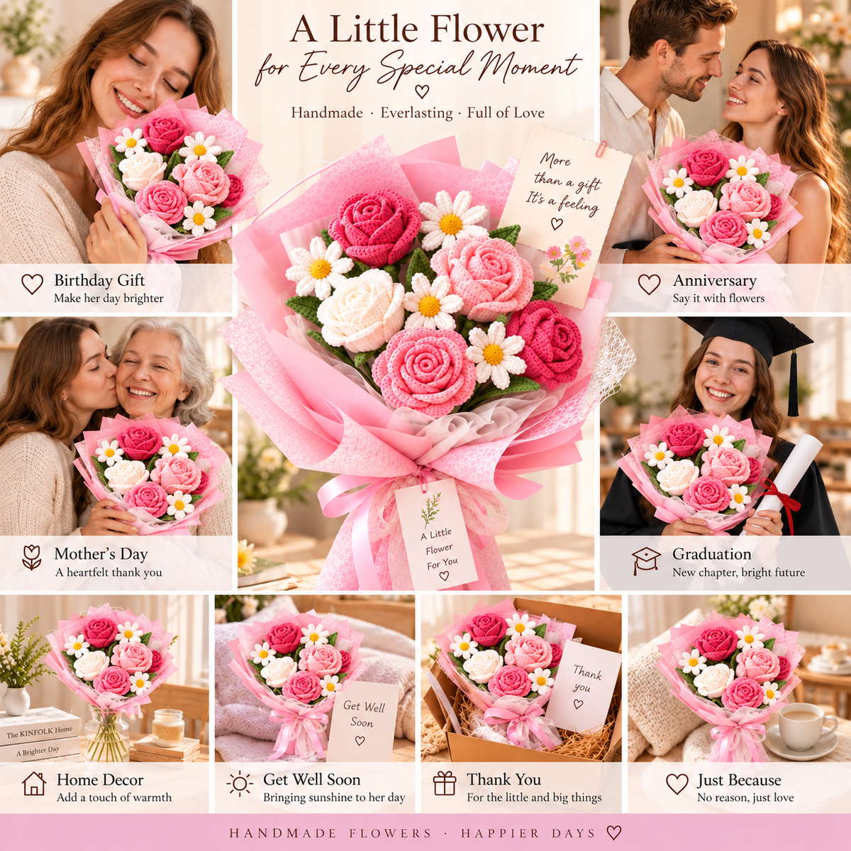 Handmade Crochet Rose & Daisy Bouquet – Everlasting Flower Gift