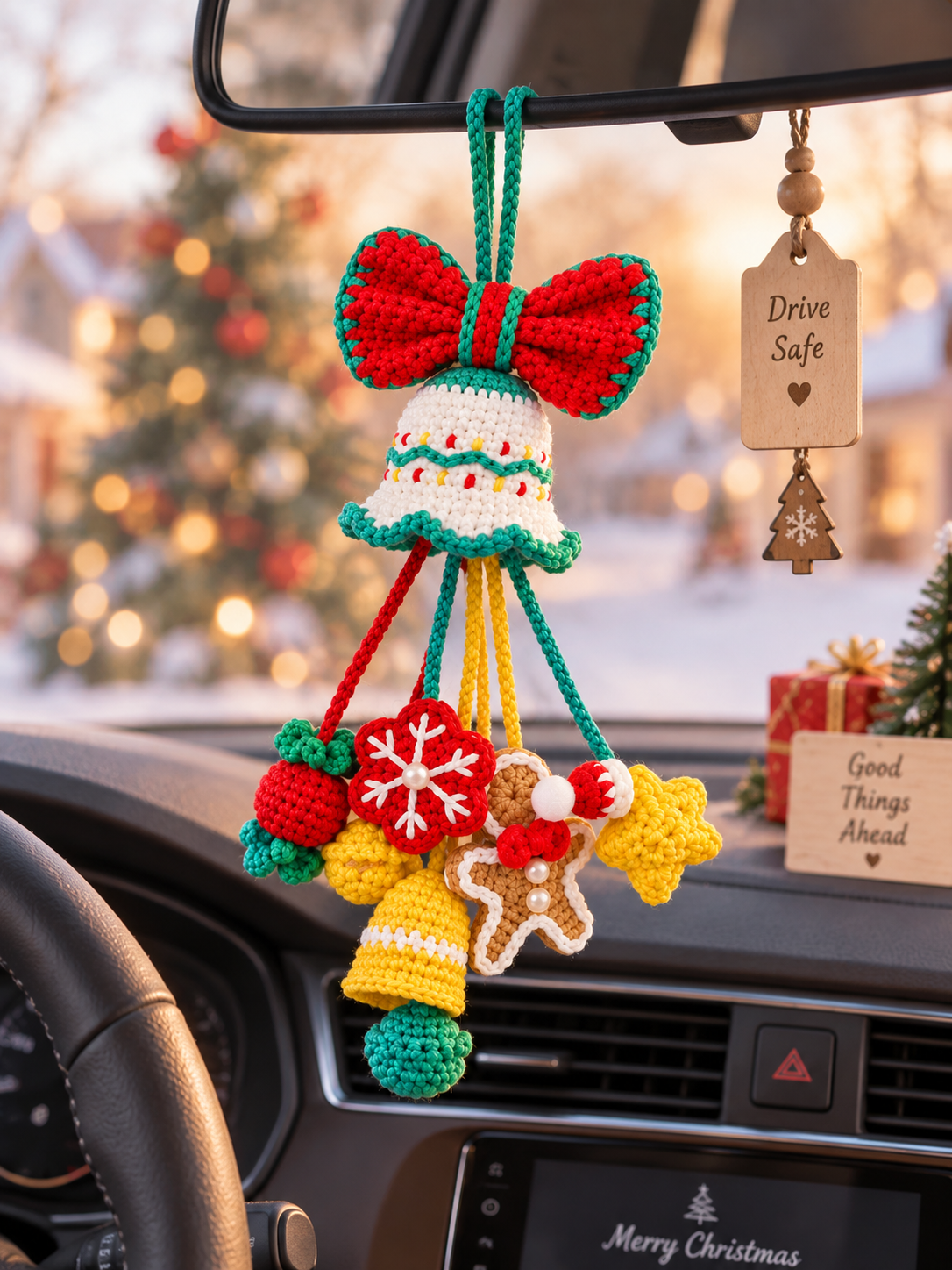 Crochet Christmas Bag Charm, Handmade Christmas Bell Ornament, Christmas Tree Hanging Decor, Car Mirror Charm, Cute Holiday Gift