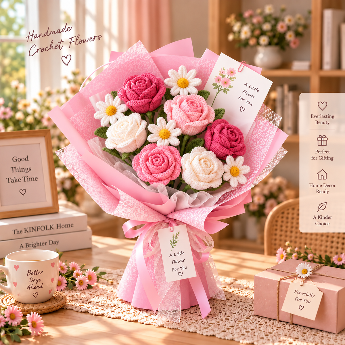 Handmade Crochet Rose & Daisy Bouquet – Everlasting Flower Gift