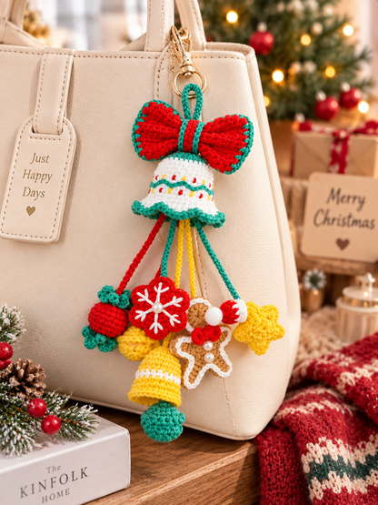 Crochet Christmas Bag Charm, Handmade Christmas Bell Ornament, Christmas Tree Hanging Decor, Car Mirror Charm, Cute Holiday Gift