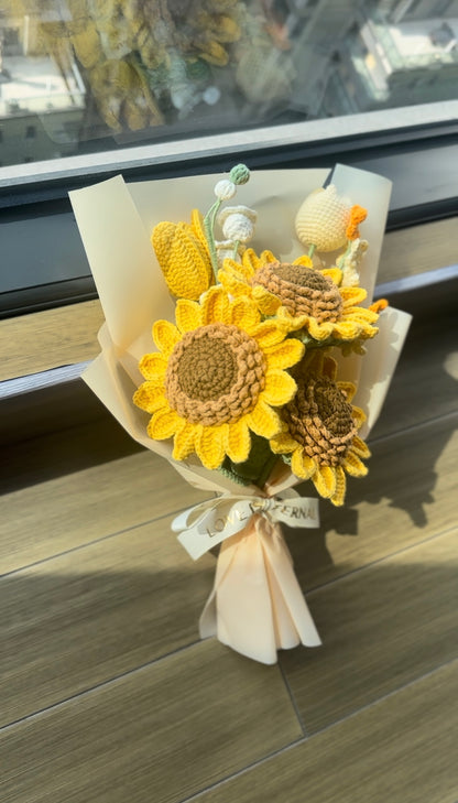Crochet Sunflower Bouquet, Mixed with Tulip Flower, Tulip Bud, Lily of the Valley, & Forget-Me-Not