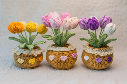 Crochet Flower Pot (5~6 Flowers), Crochet Sunflower, Crochet Tulip in Pink/Purple/Yellow
