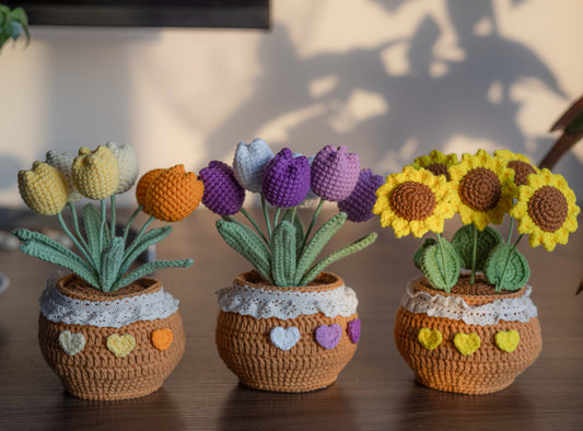 Crochet Flower In Pot (5~6 Flowers), Crochet Sunflower/Crochet Tulip, Purple/Yellow