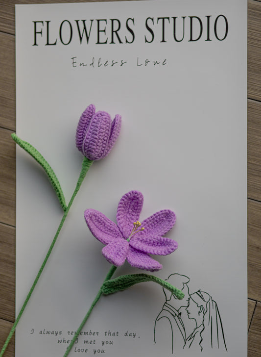 Purple Crochet Tulip Stems, Large-Petal Design, Soft Cotton Yarn