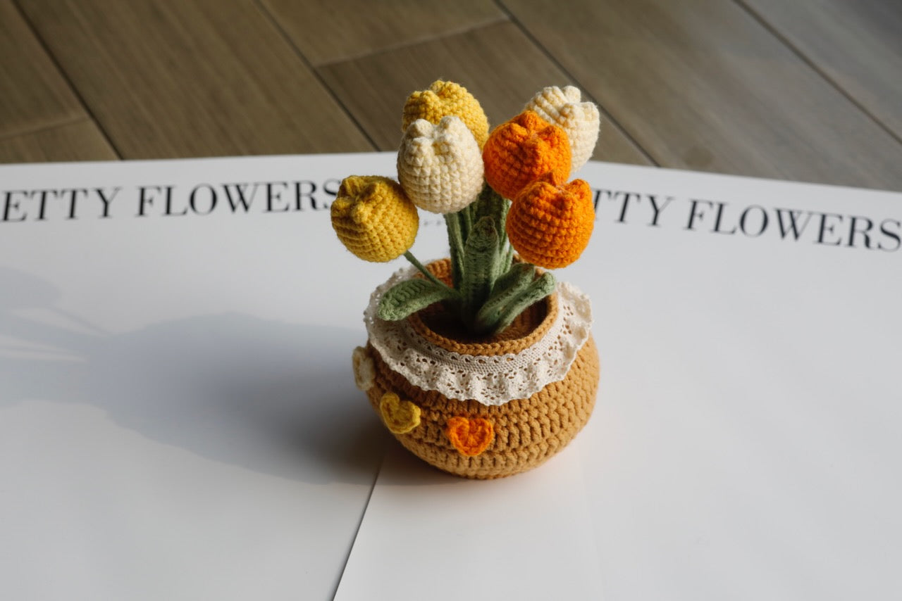 Crochet Flower in the Pot, Lily of the Valley/Daisy Flowers/Tulip