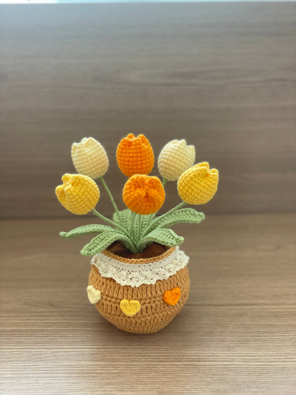 Crochet Flower In Pot, Home decor, Crochet flower pot, Crochet Sunflower, Tulip