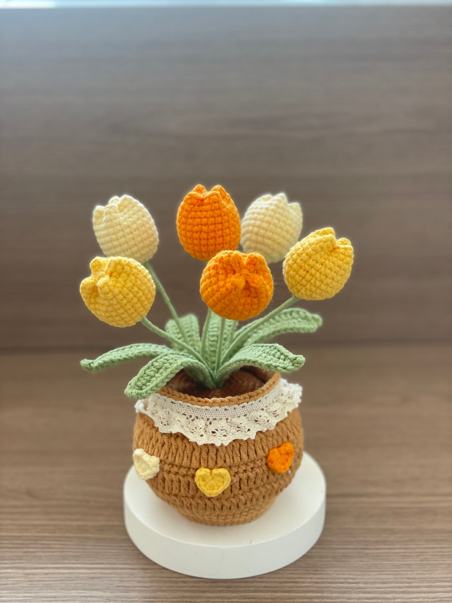 Crochet Flower In Pot, Home decor, Crochet flower pot, Crochet Sunflower, Tulip