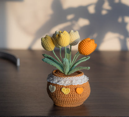 Crochet Flower In Pot, Home decor, Crochet flower pot, Crochet Sunflower, Tulip