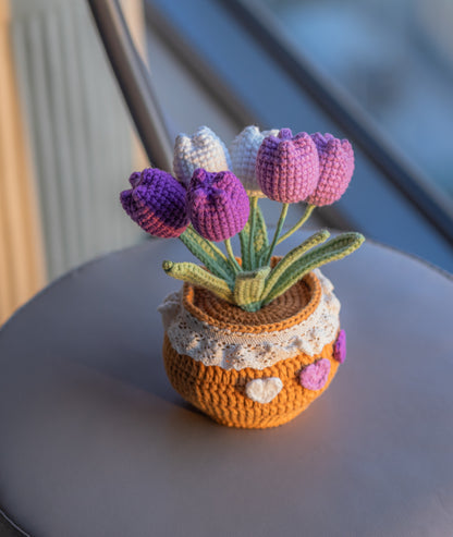 Crochet Flower In Pot, Home decor, Crochet flower pot, Crochet Sunflower, Tulip