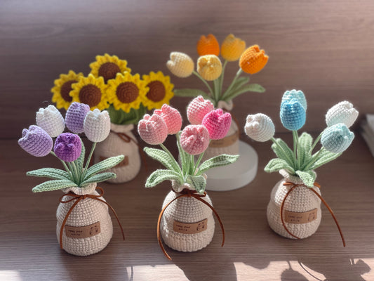Crochet Flowers in Pocket(5 flowers) | Crochet Sunflower, Crochet Tulip | Purple, Pink, Blue, Orange