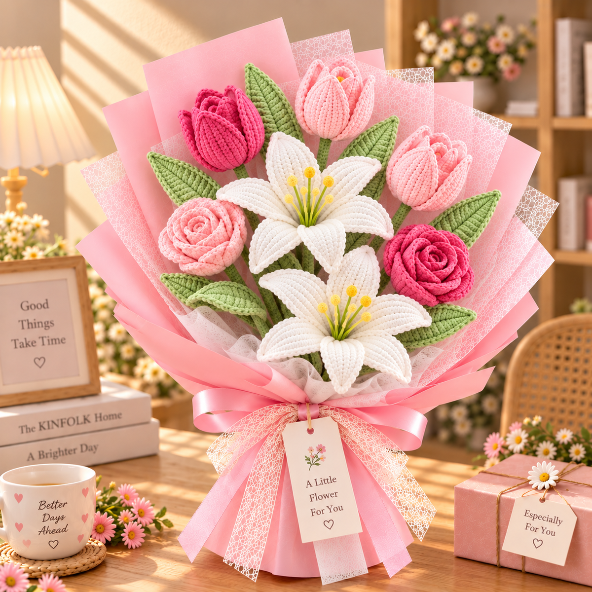 Handmade Crochet Lily, Tulip & Rose Bouquet – Everlasting Flower Gift
