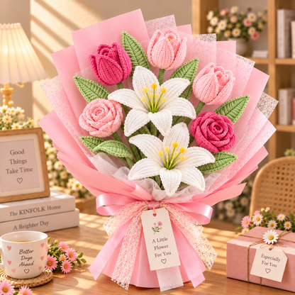 Handmade Crochet Lily, Tulip & Rose Bouquet – Everlasting Flower Gift