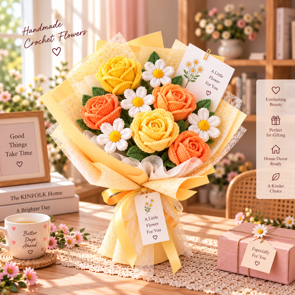 Handmade Crochet Rose & Daisy Bouquet – Everlasting Flower Gift
