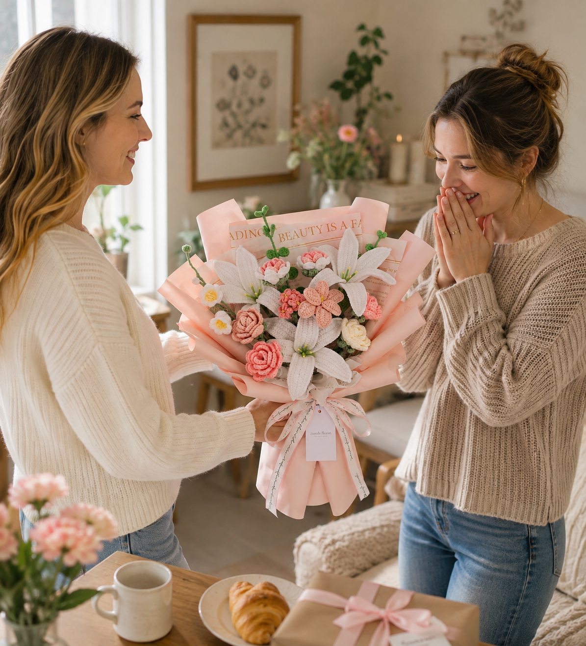 Blushing Reverie Bouquet – Handgefertigte gehäkelte Lilien, Rosen, Tulpen und Maiglöckchen (14 Stiele)