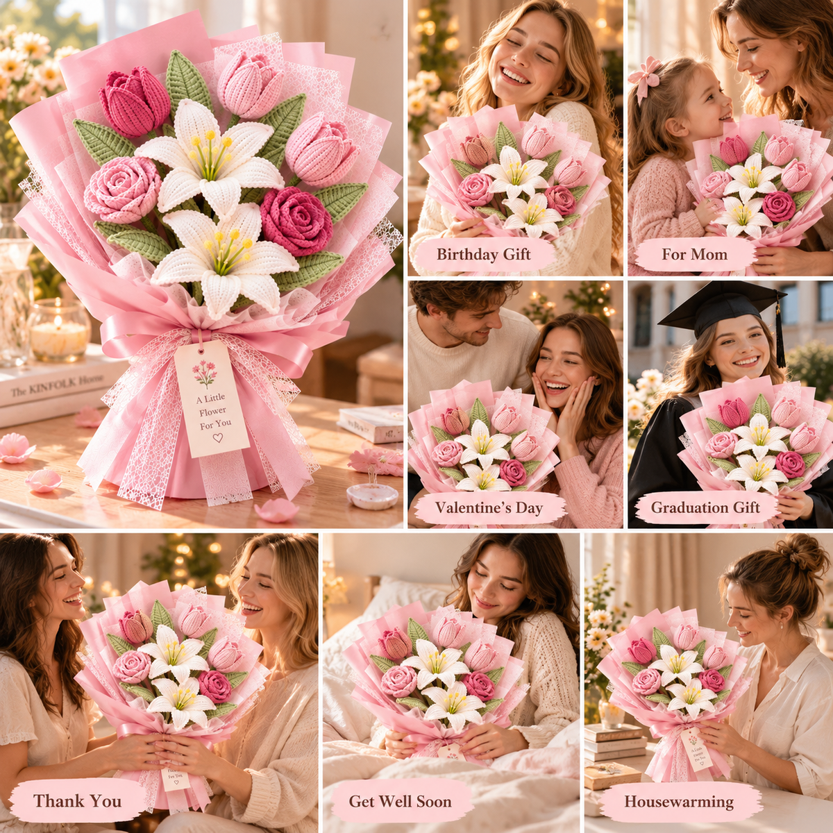 Handmade Crochet Lily, Tulip & Rose Bouquet – Everlasting Flower Gift