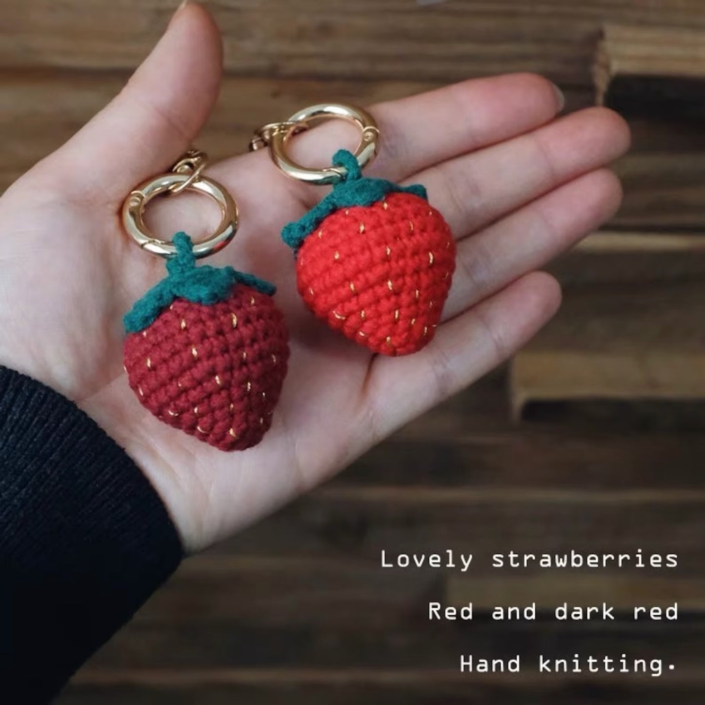 Crochet Strawberry Keychain, Red/Dark Red