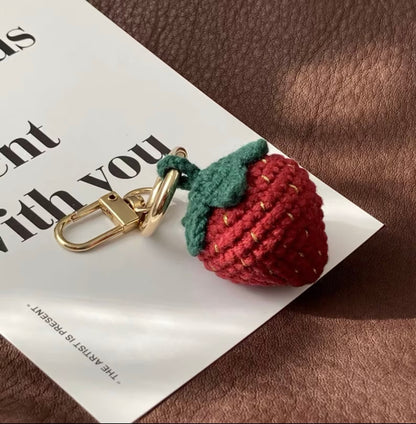 Crochet Strawberry Keychain, Red/Dark Red