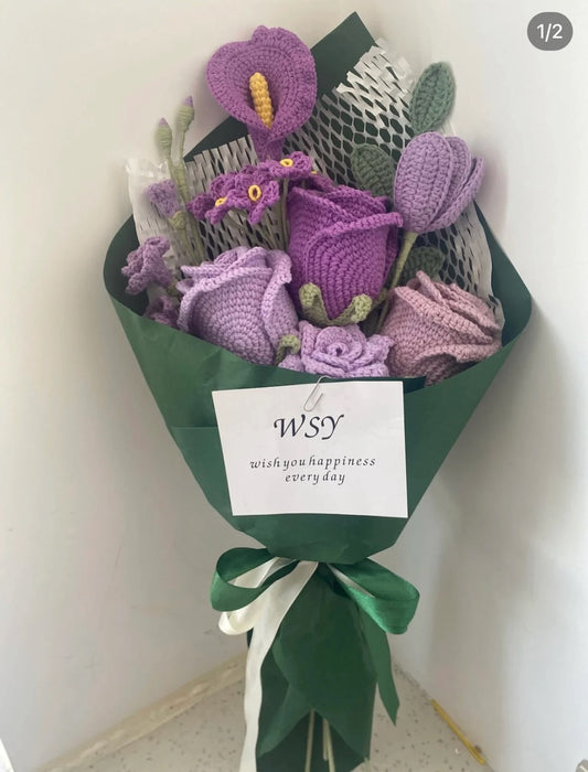 Crochet Rose Mixed Flower Bouquet, Purple