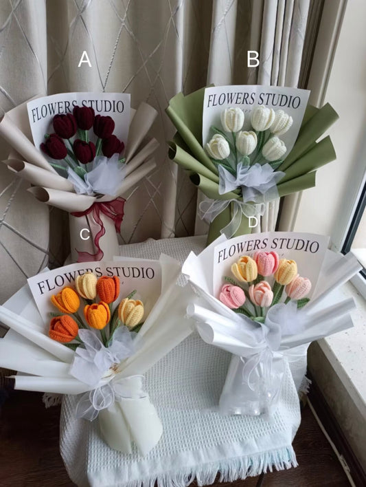 Crochet Tulip Bouquet, Multiple Color Options, Medium-Size Bouquet