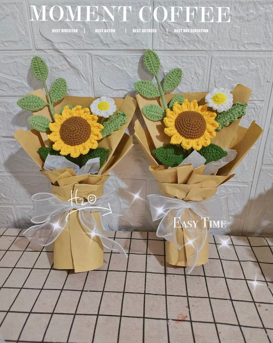 Crochet Sunflower Bouquet Mixed with Daisy&Green Leaves