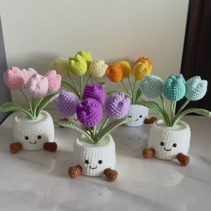 Handmade Crochet Tulip Flower Pot -4 Tulips