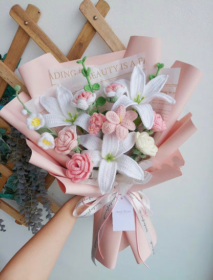 crochet lily flower Blushing Reverie Bouquet — Handmade Crochet Lilies, Roses, Tulips & Lily of the Valley (14-Stem)