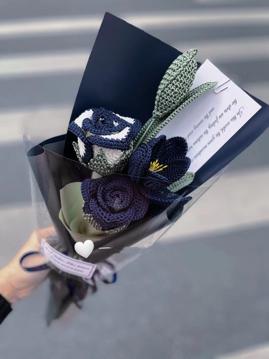 Crochet Rose Bouquet Mixed with Tulip/Green Leaves, Dark Blue Color
