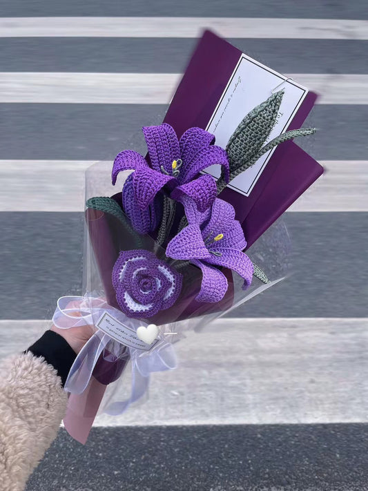 crochet flower bouquet, crochet bouquet, lily flower bouquet, purple crochet flower